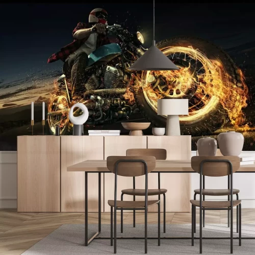 Fototapete Man reitet sein Motorrad auf der Straße. Flamme und Feuer