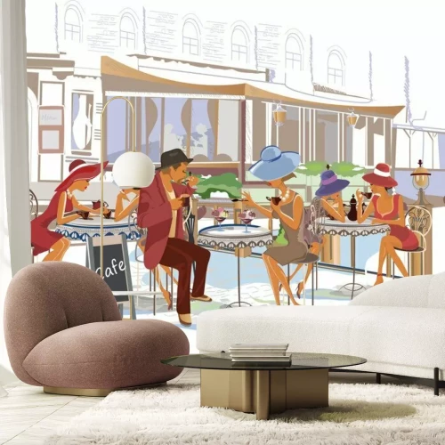 Fototapete Ein Café in der Altstadt im Aquarellstil