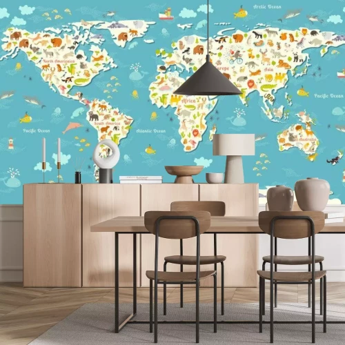 Fototapete Weltkarte mit Tieren und polnischer Schrift