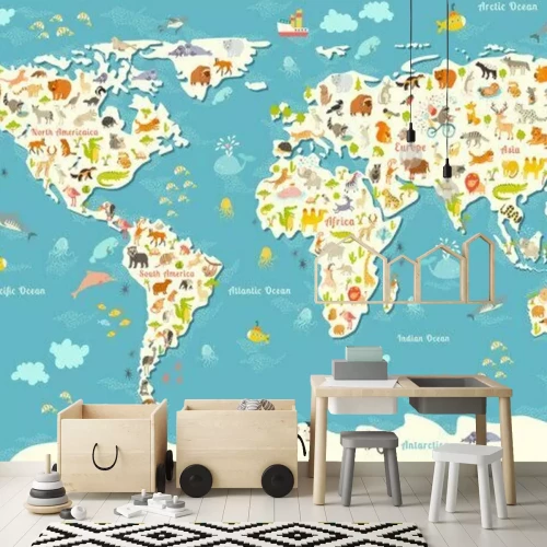 Fototapete Weltkarte mit Tieren und polnischer Schrift