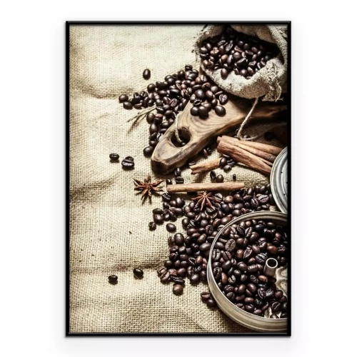 Poster Kaffeebohnen und aromatische Gewürze auf einem Jutesack-Hintergrund