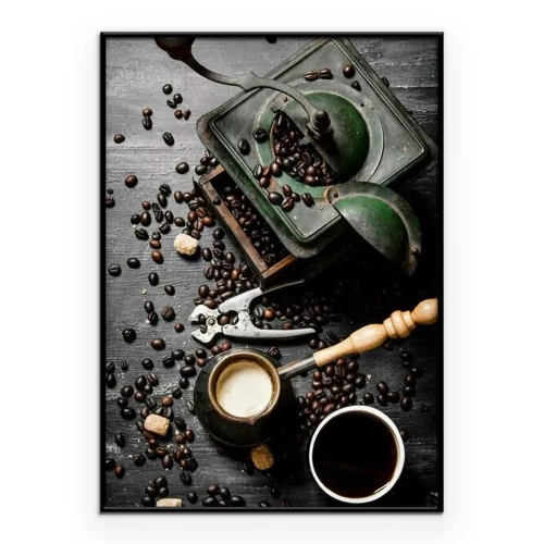 Poster Eine Tasse Kaffee neben einer alten Retro-Kaffeemühle