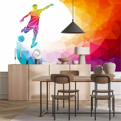 Sticker Grafik eines Fußballspielers und eines Balls auf mehrfarbigem Hintergrund