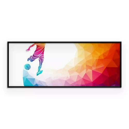 Poster Grafik eines Fußballspielers und eines Balls auf mehrfarbigem Hintergrund