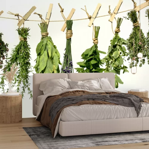 Fototapete Kräuter am Seil mit Clips