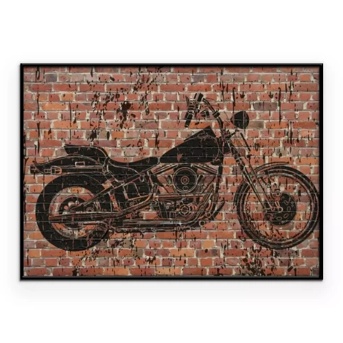 Poster Schwarze Motorradgraffiti vor einer roten Backsteinmauer