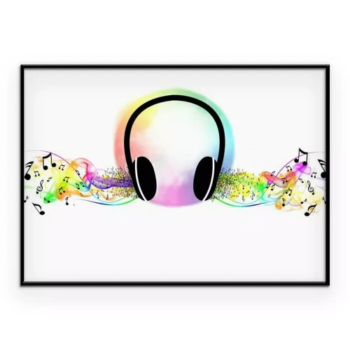Poster Musikalische Noten und farbige Akzente um die Kopfhörer