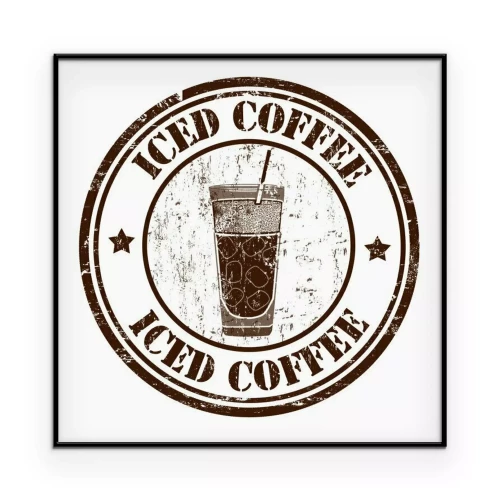 Poster Ein runder Stempel mit einer Illustration und der Aufschrift „Eiskaffee“