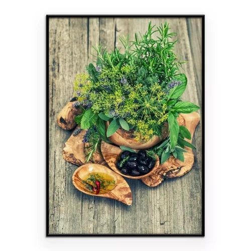 Poster Eine Platte mit Holzsockel, gefüllt mit frischen Kräutern