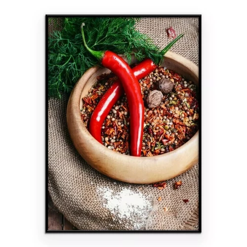 Poster Scharfe Chilischoten neben einer bunten Gewürzmischung