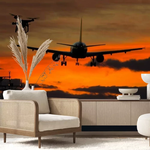 Sticker Drone fliegen in der Nähe von kommerziellen Flugzeug