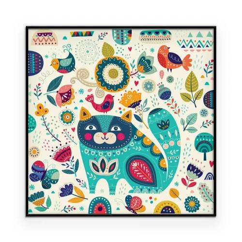 Poster Vector bunte Illustration mit schönen Katze, Schmetterlinge, Vögel und Blumen