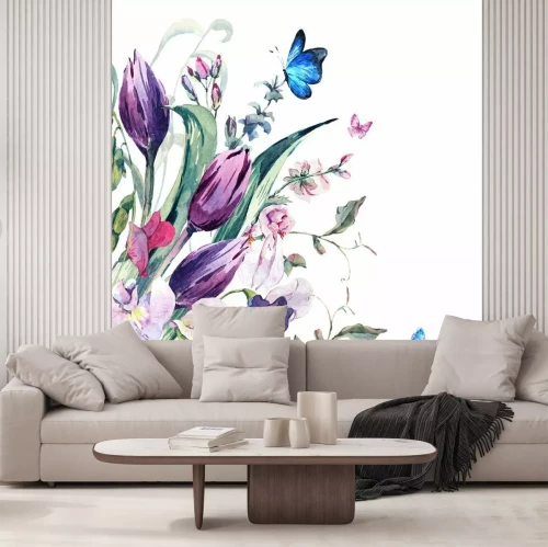 Fototapete Bunte Aquarellblumen und blaue Schmetterlinge