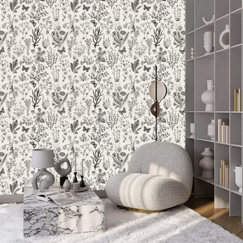 Tapete Wilde Blumen und Schmetterlinge