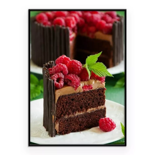 Poster Schokoladendessertkuchen, dekoriert mit Himbeeren