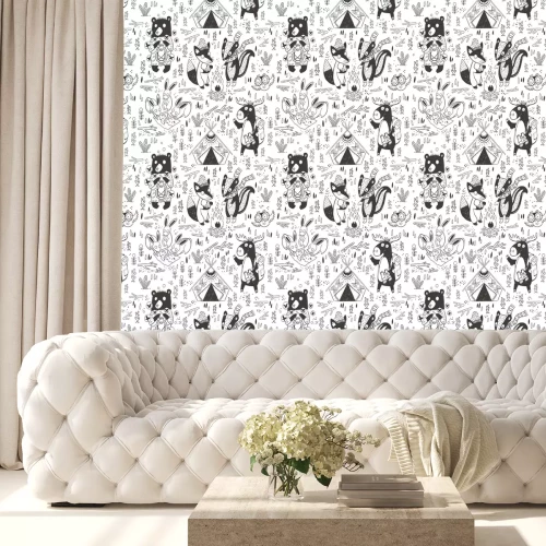 Tapete Hand gezeichneten Campingplatz nahtlose Muster mit Comic-Figuren in Monochrom