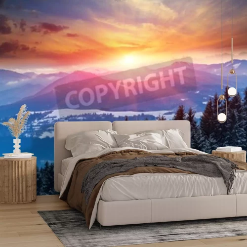 Fototapete Winterliche Landschaft bei Sonnenuntergang