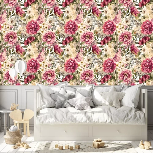 Tapete Arrangement mit Pfingstrosen und Hortensien