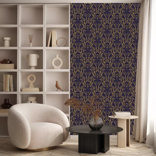 Tapete Damast nahtlose Muster wiederholen Hintergrund. Goldblaues Blumenornament im barocken Stil. Antique golden wiederholbare Tapete.