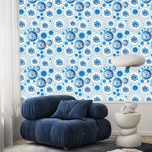 Tapete Shabby Chic mit Blumen in Blautönen