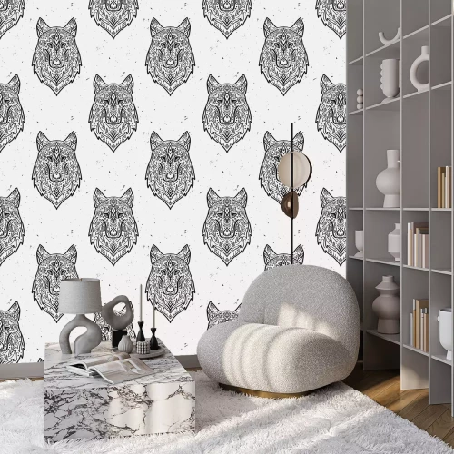 Tapete Schwarz-weiße magische Zierwölfe