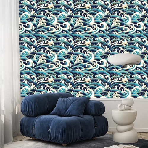 Tapete Grafische japanische blaue und weiße Wellen