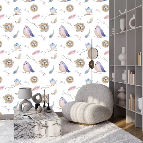 Tapete Aquarell Frühjahr rustikalen Muster mit Nest, Vögel, Zweig, Baum