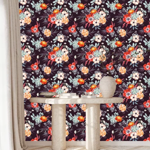 Tapete Bouquet mit Brombeeren und Sukkulenten auf dem schwarzen Hintergrund. Vector nahtlose Muster mit Blumen.