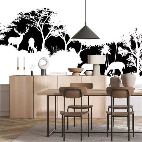 Sticker Schwarz-weiße Zeichnung Tiere auf Waldhintergrund
