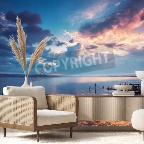 Fototapete Blauer Sonnenuntergang am See