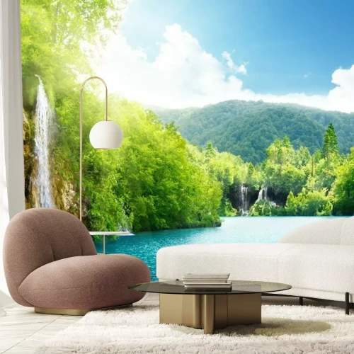 Fototapete Berge See und Wasserfall