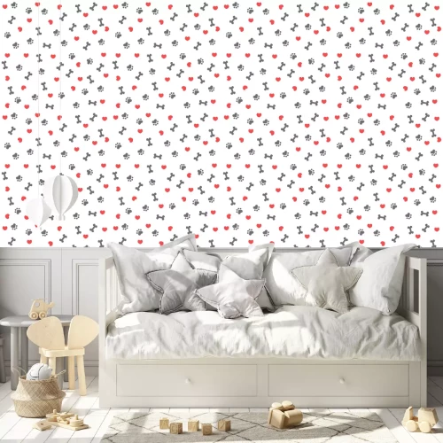 Tapete Graue Knochen Hundepfoten und rote Herzen