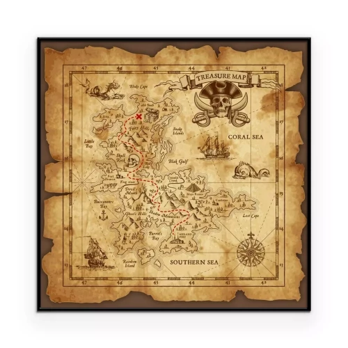 Poster Piratenkarte mit Kompassrose, die zu einem Schatz führt