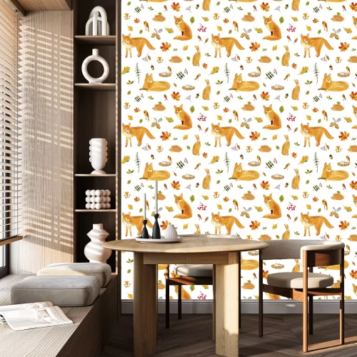 Tapete Herbstcollage aus Füchsen Vögeln Igeln und Pflanzen