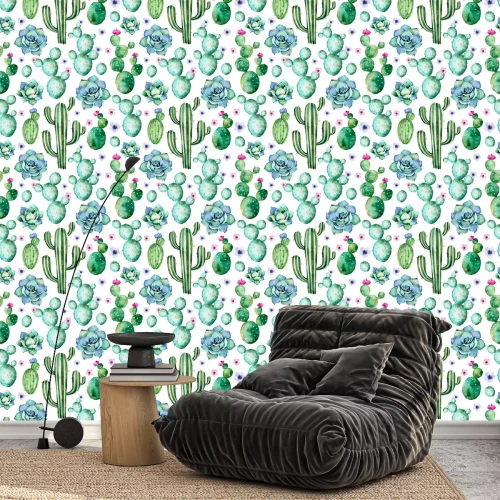 Tapete Nahtlose Muster mit hoher Qualität Hand bemalt Aquarell Kaktus Pflanzen, Sukkulenten und lila Blüten. Pastellfarben, perfekt für Ihr Projekt, Hochzeit, Grußkarte, Foto, Blog, Tapete, Muster, Textur