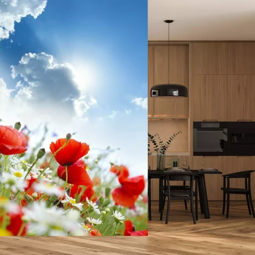 Fototapete Rote Blumen und Wolken