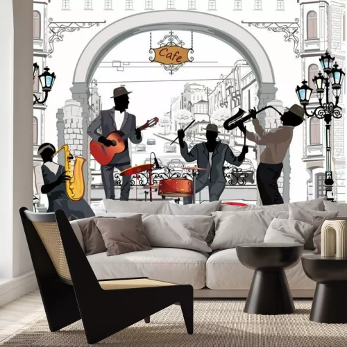 Sticker Jazzkünstler spielen vor dem Hintergrund eines Tores