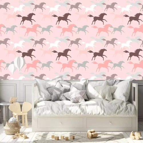 Tapete Pferde für ein Mädchen in Rosatönen