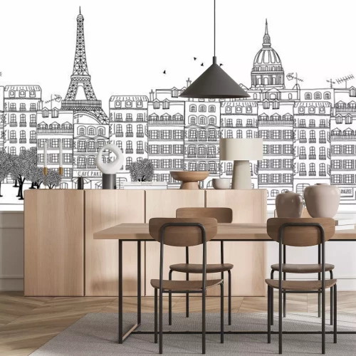 Sticker Nahtlose Banner der Skyline von Paris, von Hand gezeichnet Schwarz-Weiß-Illustration