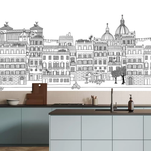 Sticker Nahtlose Banner der Skyline von Rom, von Hand gezeichnet Schwarz-Weiß-Illustration