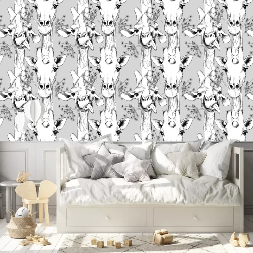 Tapete Schwarz-weiße süße Giraffen auf grauem Hintergrund
