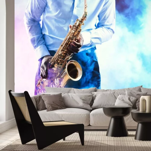 Sticker Saxophonist spielt im rosa-blauen Nebel