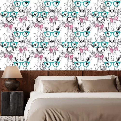 Tapete Kindermuster aus lustigen Giraffen in bunten Gläsern