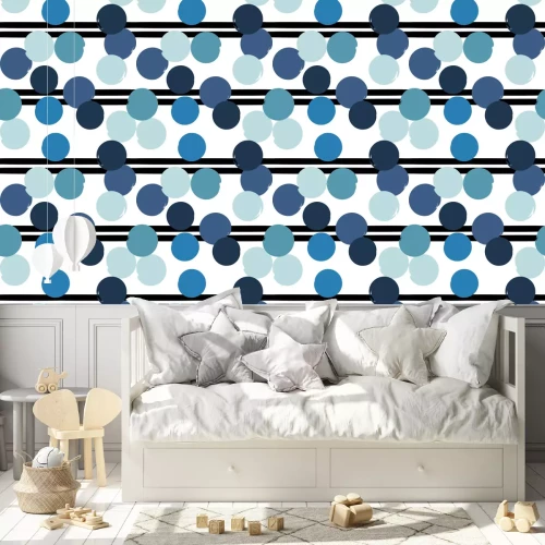 Tapete Muster mit Kreisen in Blautönen und schwarzen Streifen