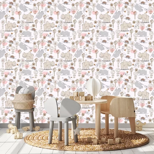 Tapete Kleine Elefanten Pflanzen und Vögel