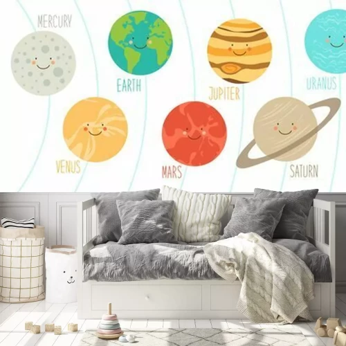 Fototapete Nette lächelnde Zeichentrickfilm-Figuren von Planeten des Sonnensystems können für Kinderausbildung als Karten, Bücher, Fahnen verwendet werden. Kindish Hintergrund