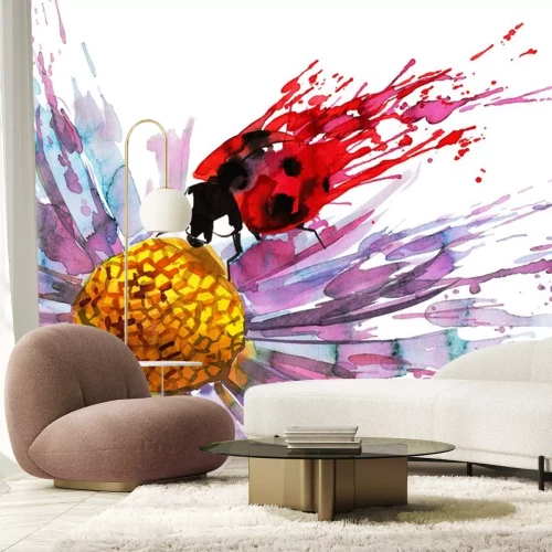 Sticker Aquarell-Marienkäfer auf einer violetten Blume