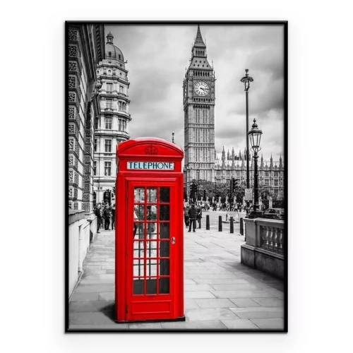Poster Eine rote Telefonzelle vor dem schwarz-weißen Hintergrund Londons