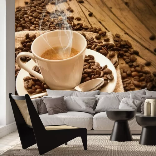 Fototapete Heißer Kaffee und Bohnen