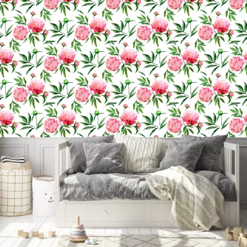 Tapete Pfingstrosenknospen und grüne Blätter